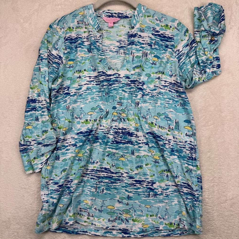Lilly Pulitzer Tunic Top Women's‎ M Beach Print Coastal Resort Cover Up Blue